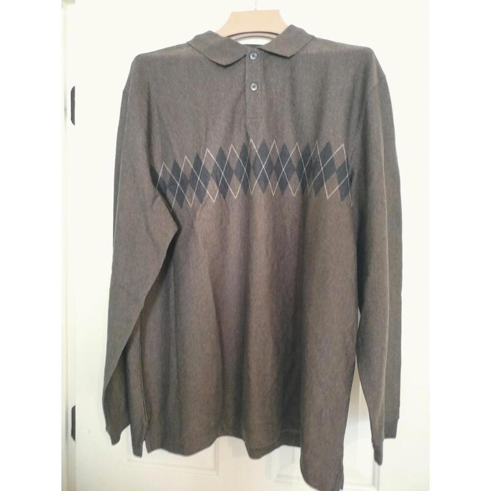 Haggar‎ Argyle Sweater Quarter Button Collared Cotton Blend Brown Mens Size XL